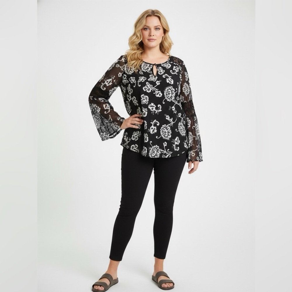 INC International Concepts Black and White Floral Blouse